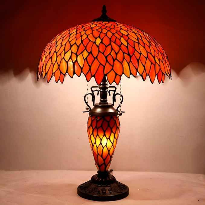 WERFACTORY Tiffany Style Table Lamp Red Stained Glass Wisteria Mather-Daughter Vase Lamp 16X16X24 Inch Antique Desk Reading Light Decor Bedroom Living Room Home Office S523R Series