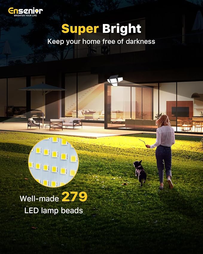 Ensenior Solar Lights Outdoor, Motion Sensor Outdoor Light with Remote Control, IP65 Waterproof 279 LED 4 Heads Solar Security Light with 4 Mode, 270° Wide Angle Solar Flood Light for Outside, 3 Packs