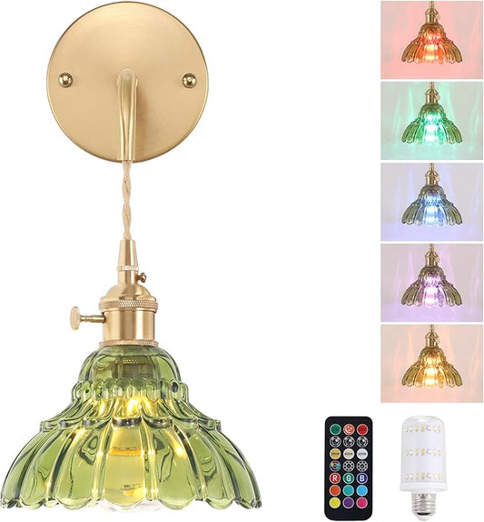 Battery Operated Wall Sconce Wall Lamp with Green Lily of The Valley Shade Pattern Glass Adjustable Chain Retro Gold Wall Mounted Light, Modern Wall Lamp Fixtures Decor for Bedside Bedroom - Aura Lighting