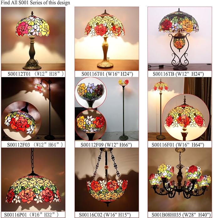 WERFACTORY Tiffany Floor Lamp Red Rose Flower Stained Glass Light 10X10X71 Inches Pole Torchiere Standing Corner Torch Uplight Decor Bedroom Living Room Home Office S001 Series