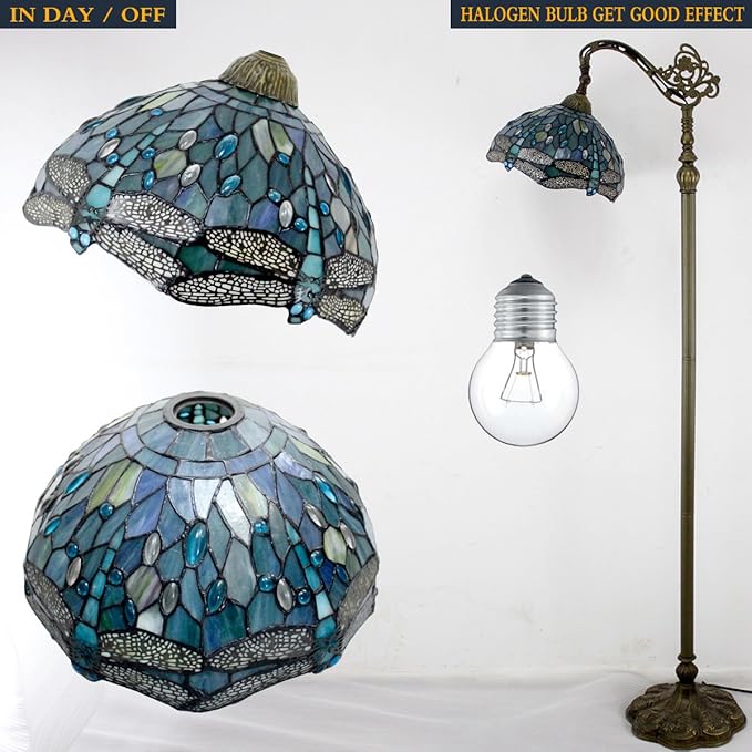 WERFACTORY Tiffany Lamp Shade Replacement 12X6 Inch Sea Blue Stained Glass Dragonfly Lampshade Only 1-5/8-Inch Fitter Opening for Arched Floor Lamp, Torchiere Lamp, Pendant Light S147 Series