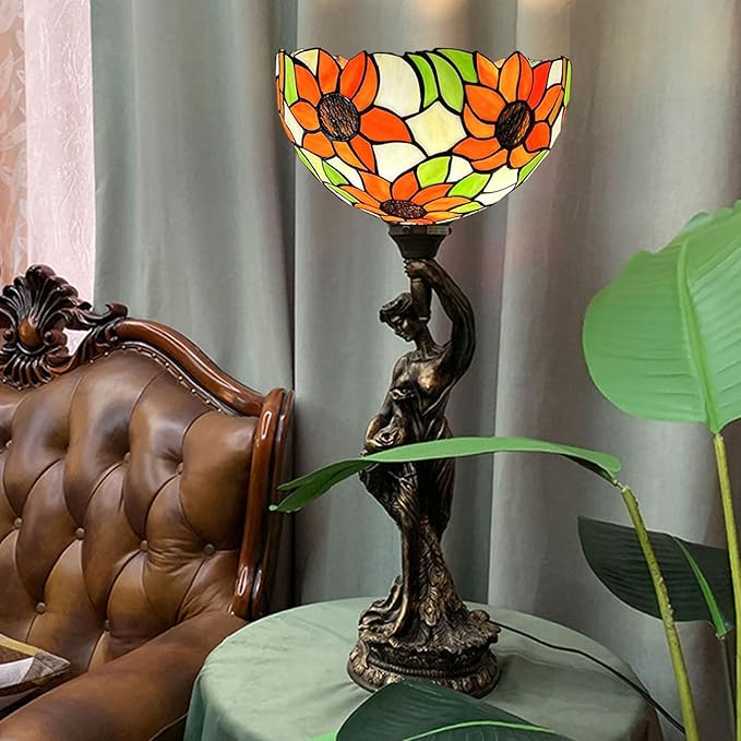 Tiffany Lamp Shade Replacement, 12" Stained Glass Sunflower Lampshades, Vintage Orange Yellow Blue Flower Light Cover Only 1-5/8-Inch Fitter Opening for Arched Floor Lamp Torchiere Lamp,Beige