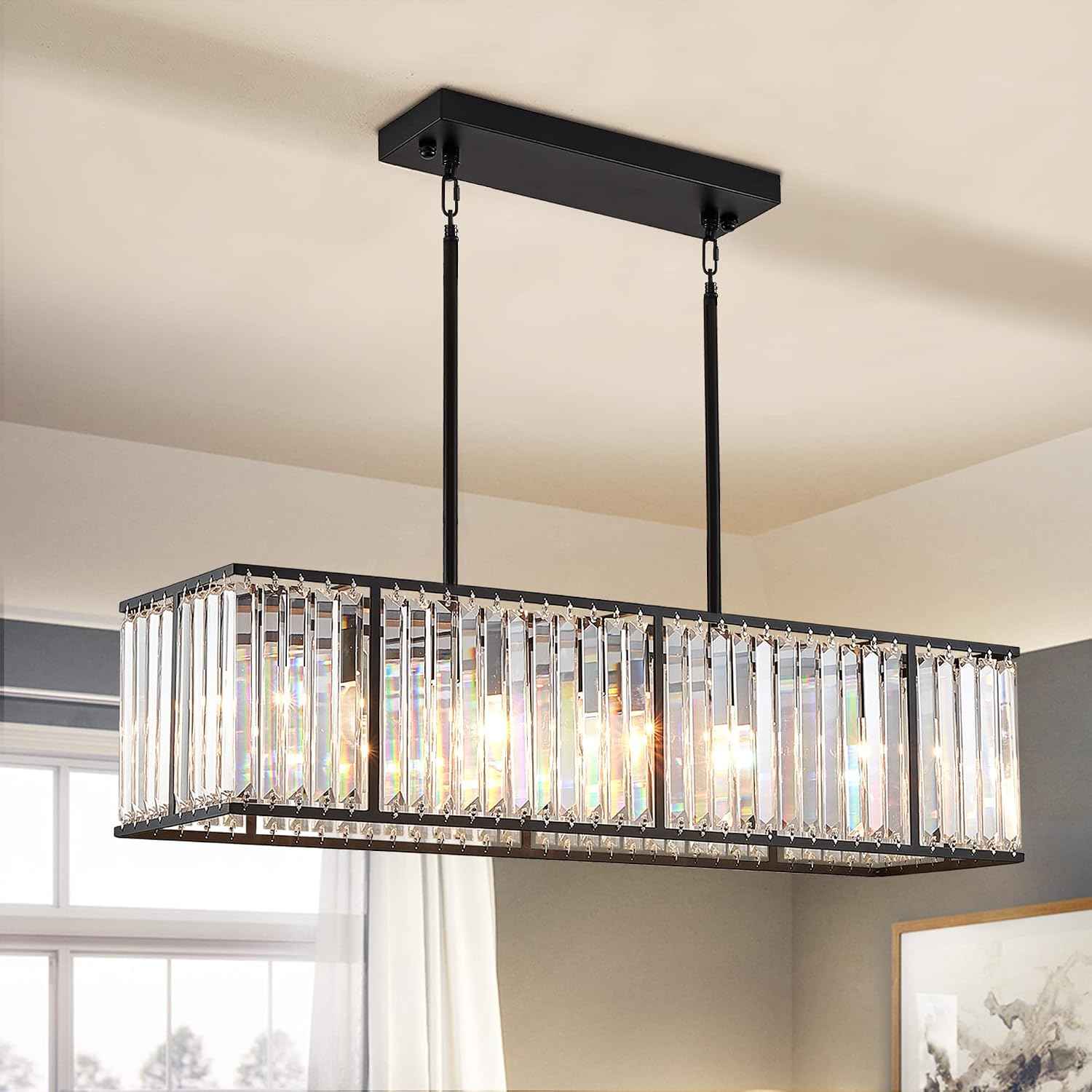 Modern Rectangular Crystal Chandelier, 5 Lights Black Rectangle Raindrop Chandelier Lighting, Industrial Linear Pendant Ceiling Light Fixture for Dining Living Room Kitchen Island L33.5''