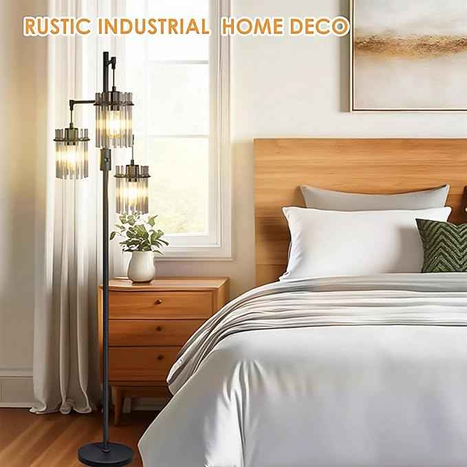 Industrial Floor Lamps for Living Room, Dimmable Floor Lamp Modern Standing Lamps with Glass Lampshade, Rotary Switch, LED Bulbs, Tall Lamps for Bedroom, Office (3 Lampshades(66inch))