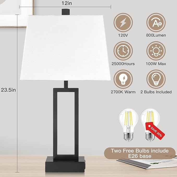 23.5" Touch Control Table Lamps Set of 2, Bedside Lamp with 2 USB Ports & AC Outlet, 3-Way Dimmable Nightstand Lamp with White Linen Shade for Living Room Bedroom End Table Office(2 LED Bulb Included)