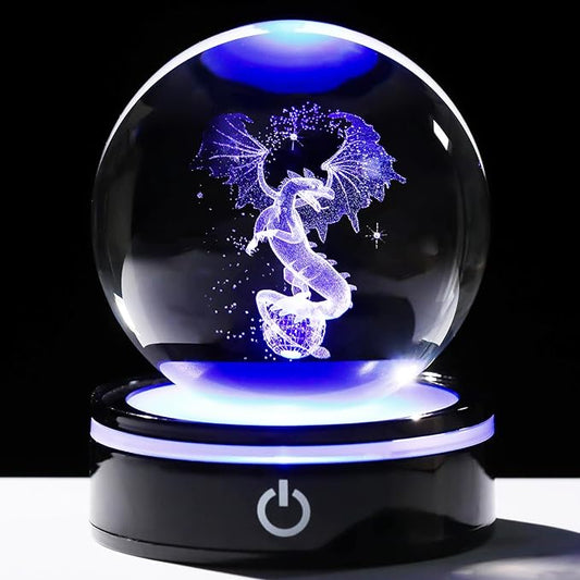 YWHL 3D Dragon Figurine Crystal Ball with Colorful Light Base, Dragon Gifts for Women Men on Birthday, Animals Collectible Sphere for Home Decor (80mm)