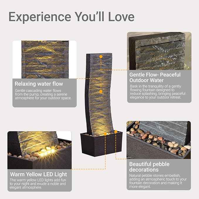 Curved Outdoor Waterfall Fountain, 36.2" Elegant Outdoor Water Fountain with LED Lights for Patio, Garden, Backyard, Modern Large Relaxing Water Feature (24382)