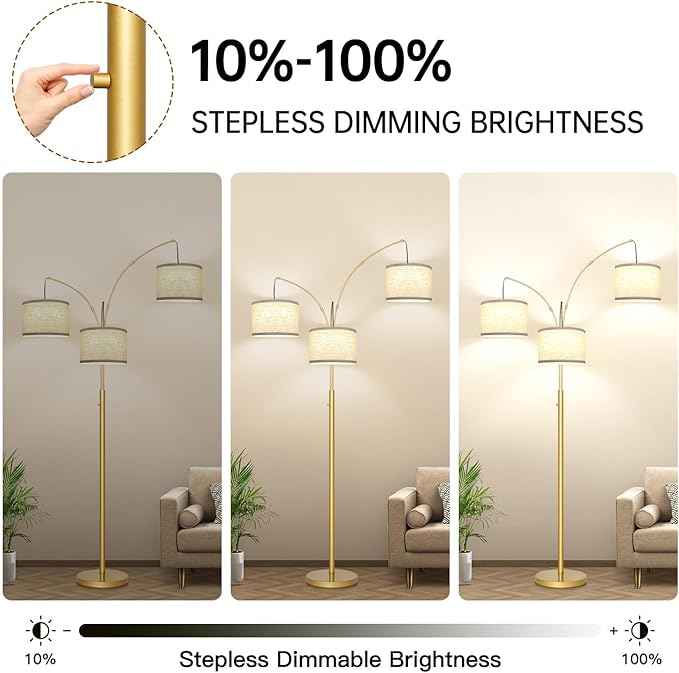 Dimmable Gold Floor Lamp, 3 Lights Arc Floor Lamps for Living Room, Modern Tall Standing Tree Lamp with White Shade & Heavy Base, Large Floor Lamp for Bedroom Office, 3x1000 LM LED Bulbs Included
