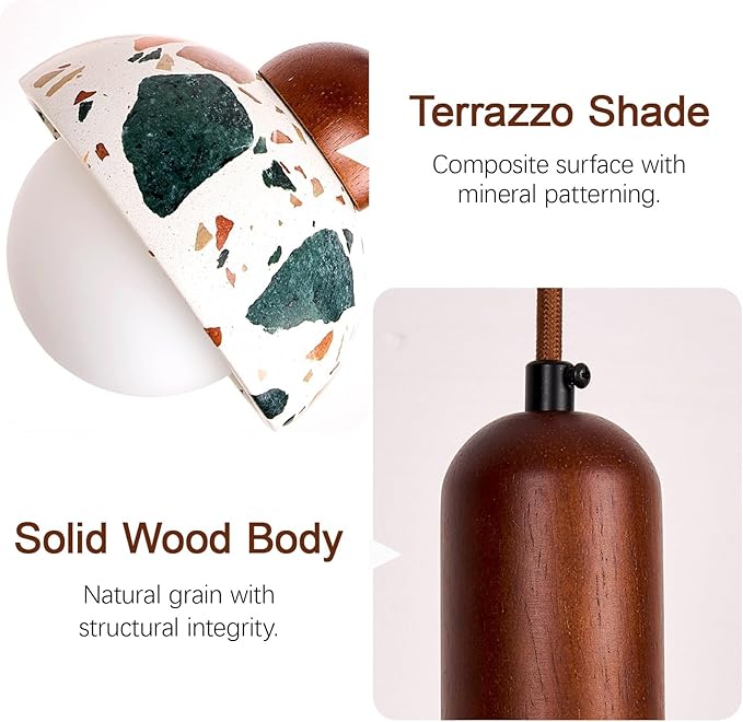 Mid Century Modern Hanging Wall Lamp, Wabi Sabi Terrazzo Wall Sconce, Handmade Natural Stone Wall Light Fixture, Adjustable Height, for Bedside Bedroom Living Room Hallway(A)