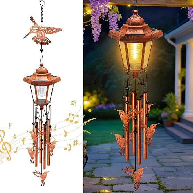 Large Solar Hummingbird Wind Chimes, Gifts for Women Mom Grandma Wife Sister Daughter Neighbor, Classic Bronze Wind Chimes with Wind Catcher, Solar Decor Lights for Outdoor Garden Patio Porch Window