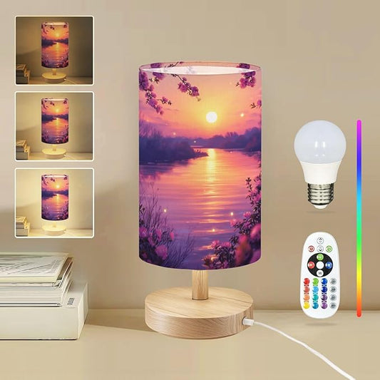 Round Table Lamp for Bedroom Sunset Flowing River Framed by Blossoms Sparkles Beside Lamps Desk lamp with Wood Base Nightstand Lamps for Nursery Living Room Home Decor