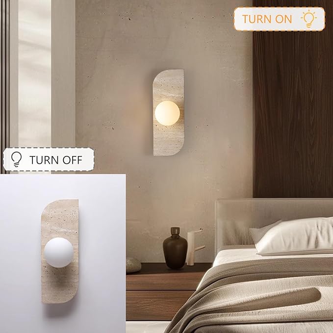 Japanese Style Wabi-sabi Art Lighting Fixture, Yellow Travertine Wall Sconce with Glass Shade, G4 Socket Natural Stone Vintage Wall Lamp for Bedside Bedroom Living Room Kitchen(1-Light)