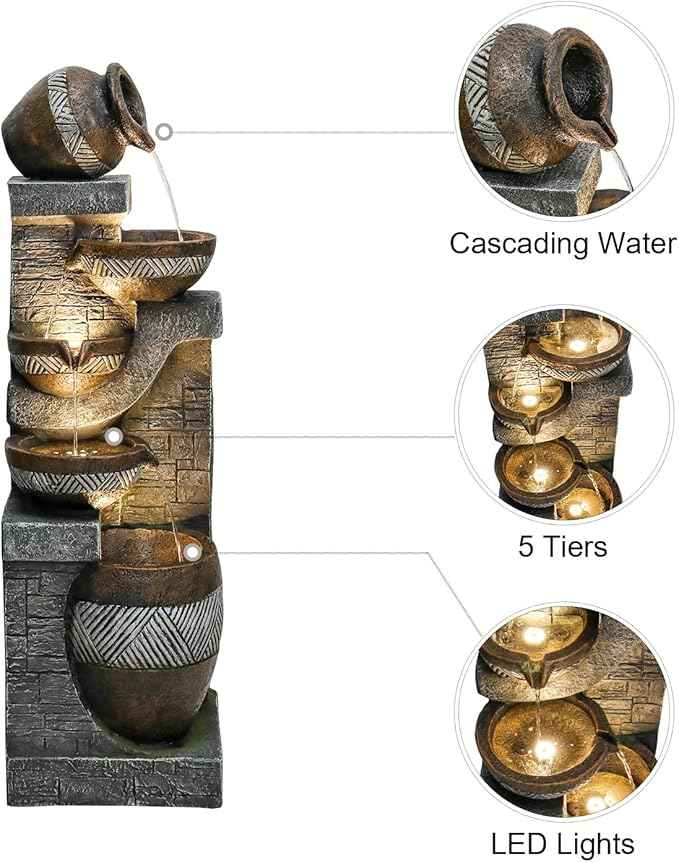 SunJet 5-Tiers Indoor/Outdoor Garden Water Fountain - 42.5inches Modern Floor-Standing Cascading Water Feature - Suitable for Deck, Patio, Porch, Yard Decor