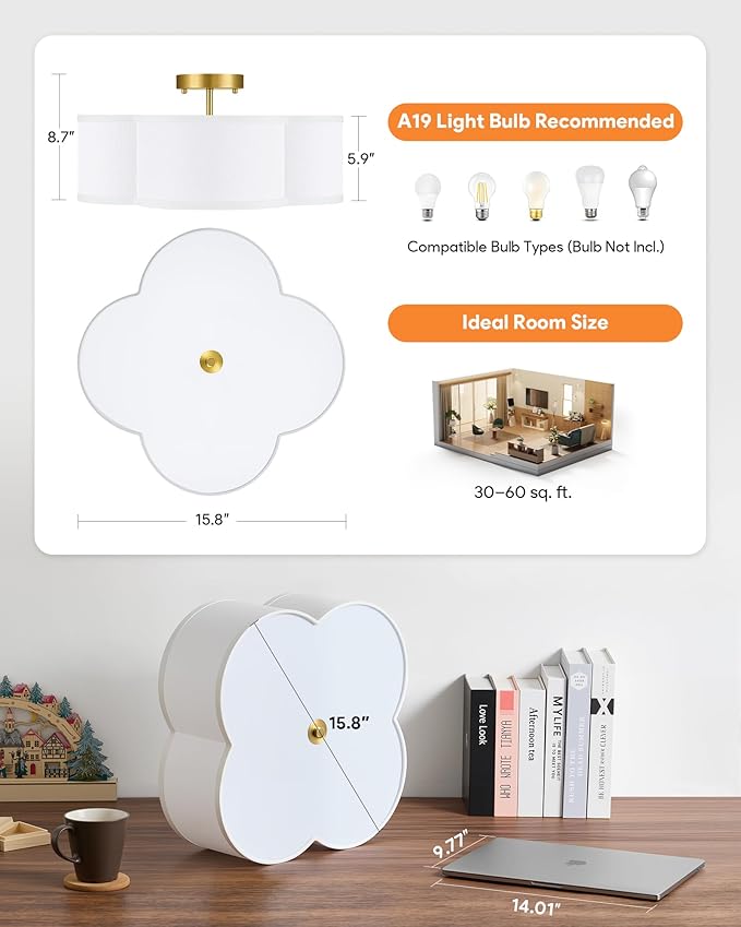 VONLUCE Semi-Flush Mount Ceiling Light, 15.8" Modern 4-Light Ceiling Light Fixture with White Clover-Shaped Shade 4 E26 Sockets for Bedroom Entryway Living Room, Gold Finish, ETL Certificated - Aura Lighting