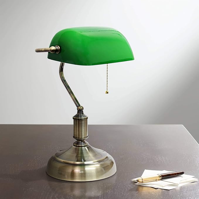 Simple Designs LT3216-GRN Executive Banker's Desk Lamp with Glass Shade, Green