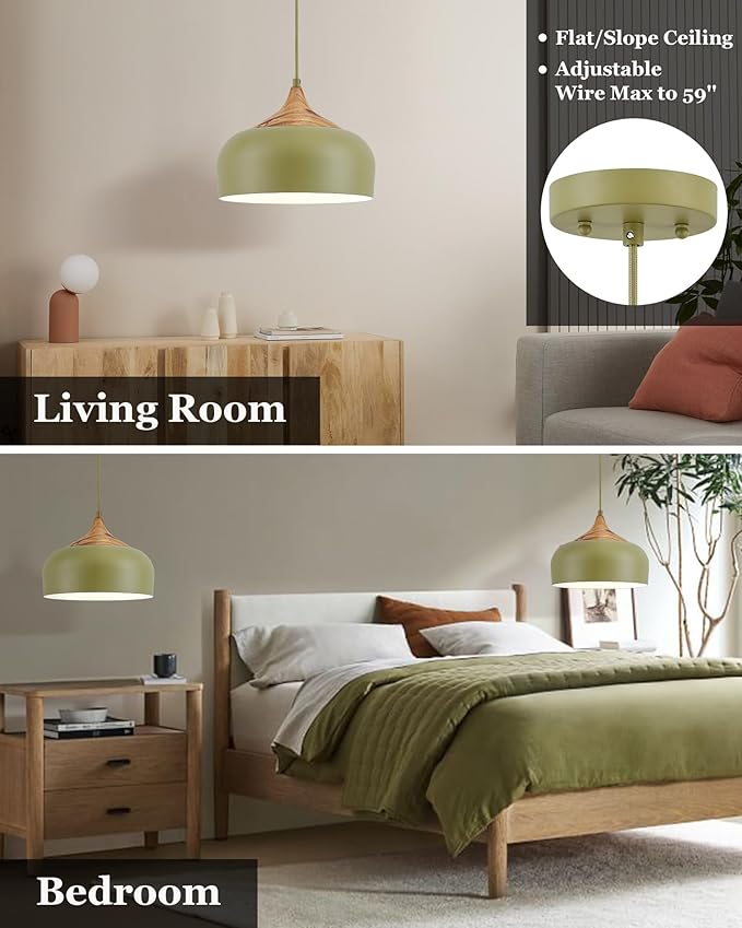 ELYONA Vintage Pendant Light Fixtures with Faux Pine Wood Grain, 12 Inch Adjustable Hanging Light Moss Green Metal Shade, Mid Century Modern Nordic Pendant Lamp for Kitchen Island Dining Room Bedroom