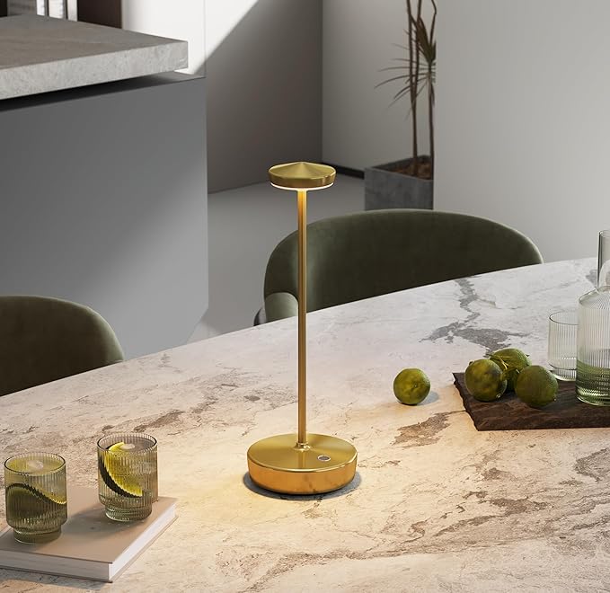 1 Pack Cordless Table Lamp Rechargeable - LED Battery Table Light with 3 Color Temperatures, Stepless Dimming, Waterproof Aluminum for Indoor Outdoor, Patio, Restaurant, Dinner (Brushed Gold)