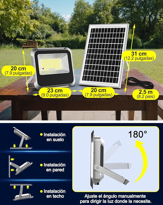 Engrepo Solar Light Outdoor, 10000mAh Luces Solares Solar Powered Security Flood Light Outside 3000LM IP65 Waterproof Dusk to Dawn with Remote Control and 8.2 ft Cable for Yard, Shed, Barn. 2 Pack