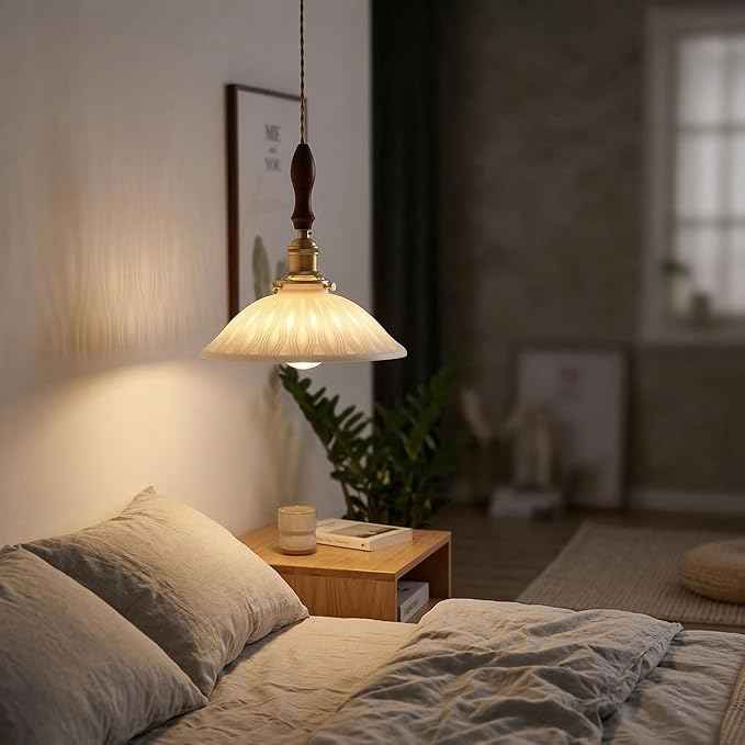 Pendant Light Hanging Lamp Ceiling Light Fixture Pleated Ceramic Shade Walnut Wood Accent Pure Brass Hardware 9.25 Inch for Kitchen Island Dining Room Bedroom Bedside Hallway Corridor Bar(B)