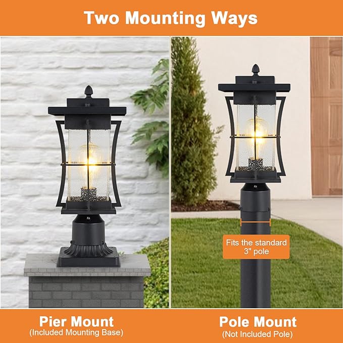 Dusk to Dawn Outdoor Post Light Fixture Waterproof Pole Mount Light with Pier Mount Adapter, Black Finish with Seeded Glass Outdoor Post Lantern for Patio, Garden, Porch and Backyard - Aura Lighting