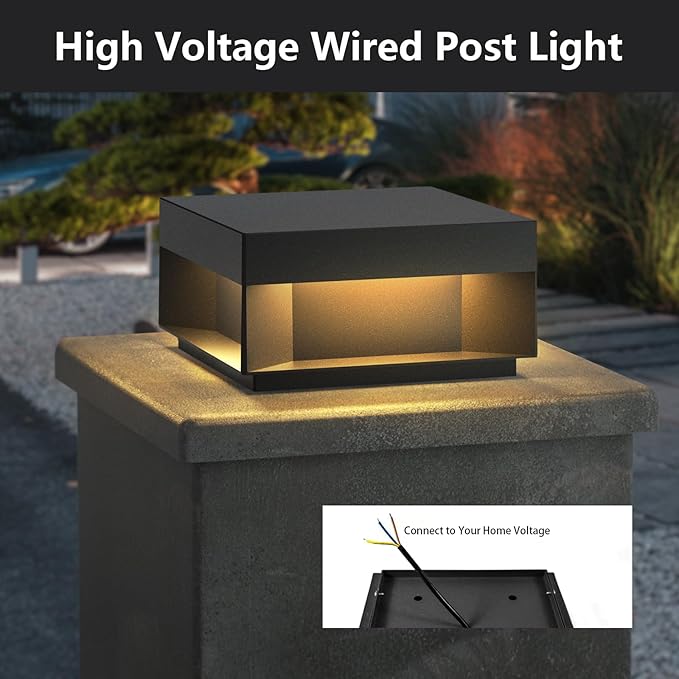 Modern Landscape Post Light, 9.8" Outdoor 120V High Voltage Wiring IP54 Waterproof Luxury Fence Deck Pillar Cap Patio Garden Decoration Lantern Column Lamp with 3000K Lighting