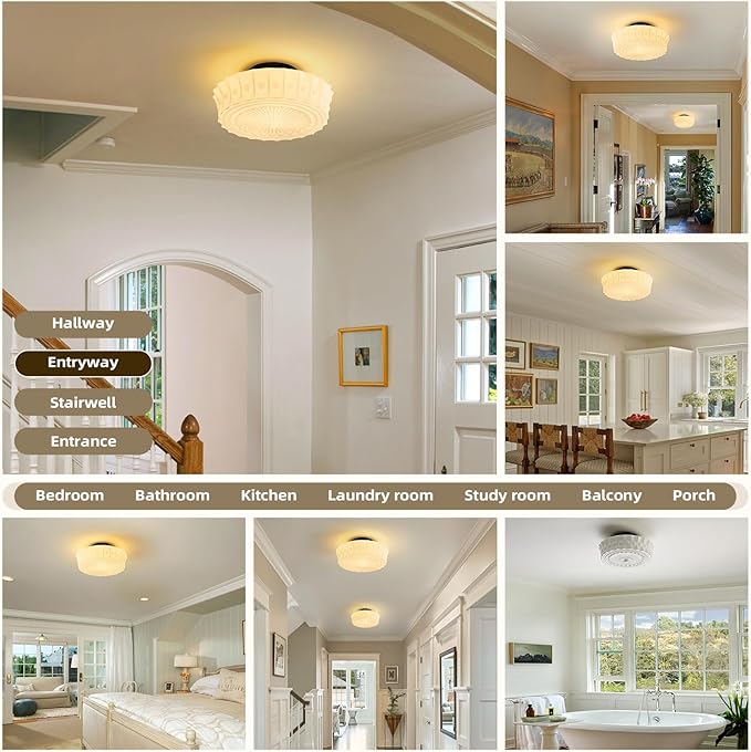Milk Glass Schoolhouse Ceiling Light - 14 Inch Vintage Mid Century Modern Flush Mount Lighting Fixtures - Antique Art Deco Lamp for Hallway Bedroom Kitchen Entryway Laundry Foyer Bathroom Dining Room - Aura Lighting