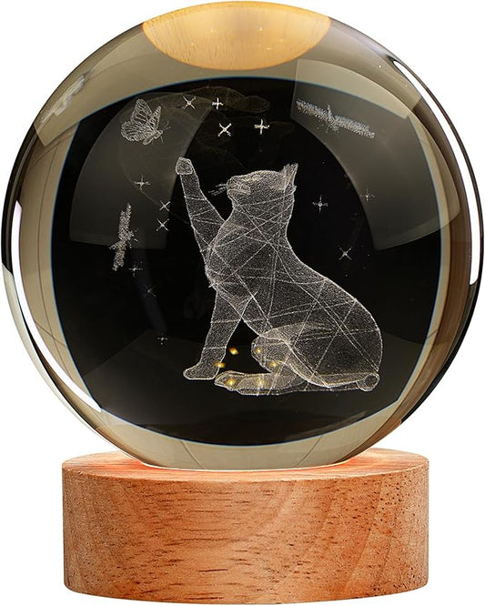 Cat Gifts for Cat Lovers for Women, Large 3D Night Light, Crystal Lamp 16 Color Changing with Remote Control for Bedroom Decor, Play with Butterfly