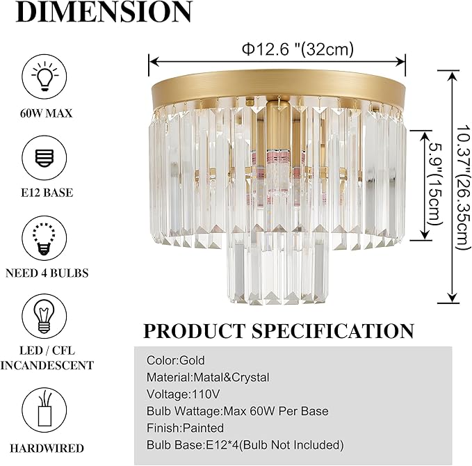 12.6" Gold Crystal Modern Crystal Ceiling Light Fixture, 2-Tier Luxury K9 Crystal, for Dining Room, Kitchen, Island, Living Room, Bedroom - Aura Lighting