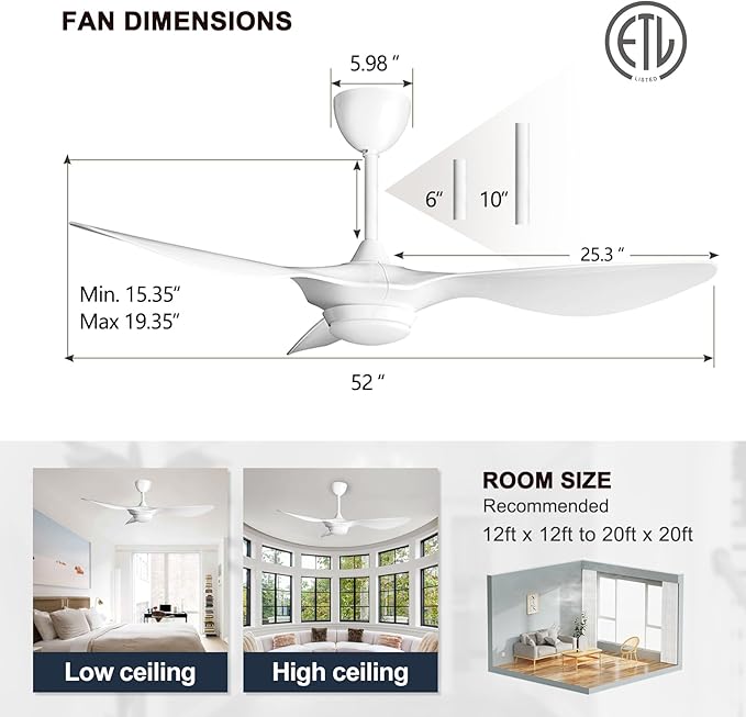 reiga 52 Inch Smart White Ceiling Fan with Light and Remote, ETL Listed Quiet DC Motor 3 Blade Indoor Outdoor Ceiling Fans for Bedroom Living Room Patios - Aura Lighting