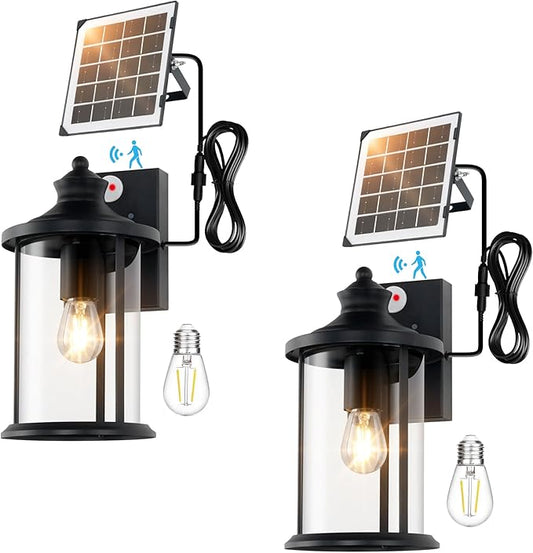 VORZU Porch Lights Outdoor Dusk to Dawn Motion Sensor Solar Wall Lantern Separate Panel & Battery Replaceable Exterior Waterproof Wall Sconce Lighting Lamp (Black-Split Solar Lights13, 2 Pack)