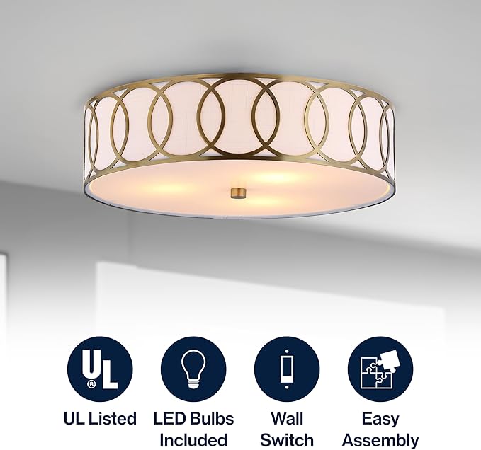 JONATHAN Y 12.25" Brass Gold Modern Metal LED Flush Mount Ceiling Light for Bedroom Hallway, White Linen Drum Shade with Geometric Fretwork, LED Bulbs Included (JYL3503A)