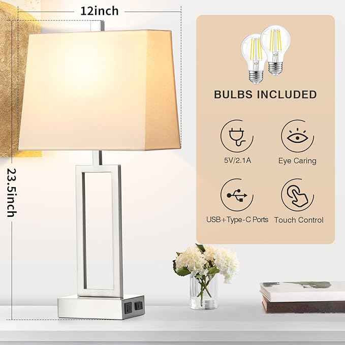 Touch Control Table Lamps for Living Room, 3-Way Dimmable Modern Table Lamp with USB A+C Charging Ports & AC Outlets, Bedside Contemporary Nightstand Desk Lamps with Fabric White Shade for Bedrooms
