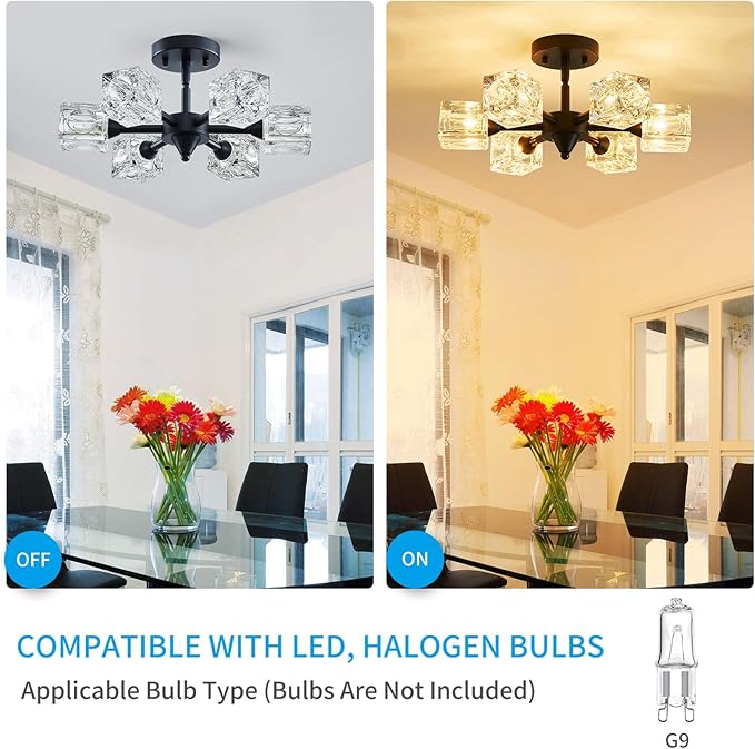 XINGQI Modern Sputnik Chandelier 6-Lights Black Ceiling Light Fixture Small Farmhouse Semi Flush Mount Ceiling Light Glass Industrial Lighting for Hallway Dining Room Living Room Kitchen Bedroom - Aura Lighting