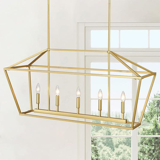 Untrammelife 5-Light Kitchen Island Pendant Lighting Gold Lantern Pendant Linear Chandelier Modern Rectangle Light Fixtures with Adjustable Rod for Dining Table Kitchen - Aura Lighting