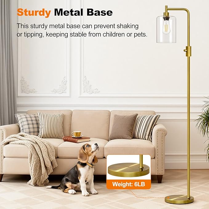 【Upgraded】Dimmable Floor Lamp for Living Room with Clear Glass Lampshade, Brass Modern Floor Lamp with 900LM Edison Bulb Included, Bright Standing Tall Lamp for Bedroom, Office, Reading Room, Corner