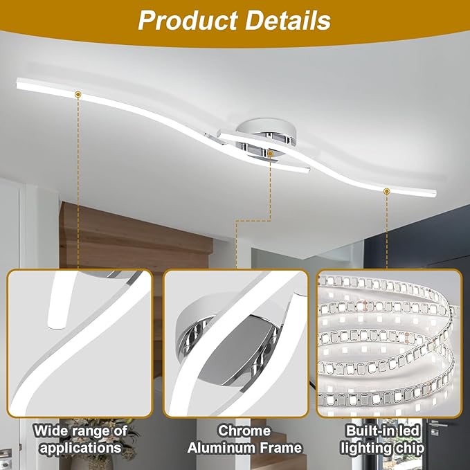 39.37Inch Linear Ceiling Light 6000K Chrome Modern Ceiling Light Fixture 28W Long Flush Mount Ceiling Lamp for Hallway, Kitchen, Bedroom, Dining Room - Aura Lighting