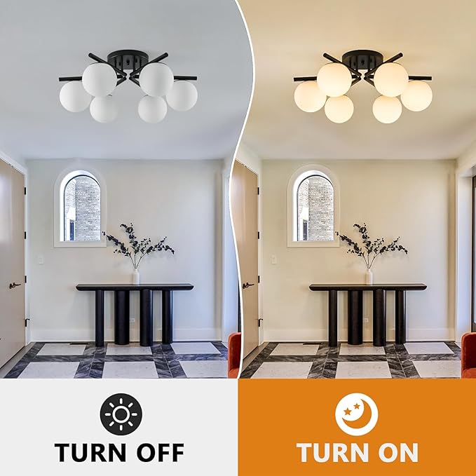 Sputnik Semi Flush Mount Ceiling Light, 6 Globe Lights Sputnik Ceiling Light Fixture, Milk Glass Globe Chandelier for Dining Room, Black Mid Century Modern Chandelier for Living Room, Hallway
