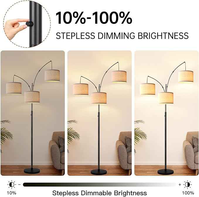 Dimmable Floor Lamp, 3 Lights Black Arc Floor Lamps for Living Room, Modern Tall Standing Tree Lamp with Linen Shade & Heavy Base, Large Floor Lamp for Bedroom Office, 3x1000 LM LED Bulbs Included