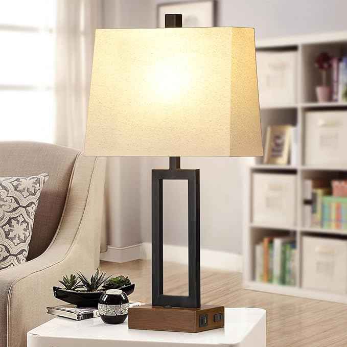 Table Lamps Set of 2 with 2 USB Ports and AC Power Outlet, Modern Bedside Lamp, Wood Nightstand Lamp with Linen Shade for Living Room Bedroom End Table Hotel Desk(LED Bulb Included)