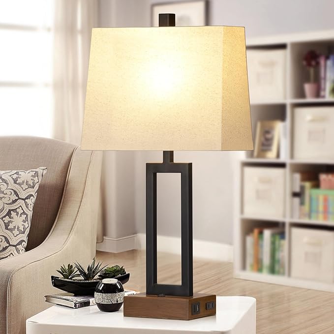 23.5" Table Lamps Set of 2, Modern Black Bedside Lamps with 2 USB Ports & AC Outlet, Contemporary Nightstand Lamps with Wood Base for Bedroom Living Room(LED Bulb Included) - Aura Lighting