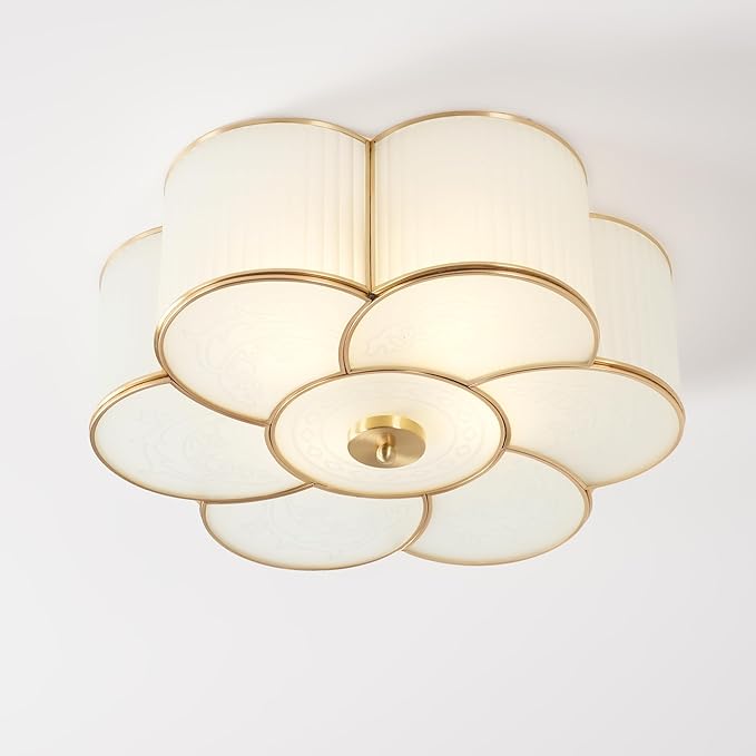 Brass Flush Mount Ceiling Light, Vintage Frosted Glass Ceiling Lighting Fixture, 4 Lights Classic Ceiling Lamp for Bedroom Nursery Living Room (Flower, 17.7")