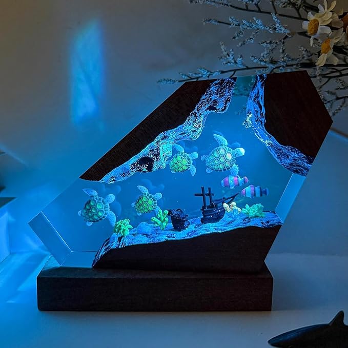 Sea Turtle Ocean Resin Lamp - Handmade Resin Night Light with USB Port, Variable Lights, Sea Turtle Gifts for Women and Men, Ocean Enthusiast Collectibles, Unique Birthday Gifts for Him & Her (8"x5")