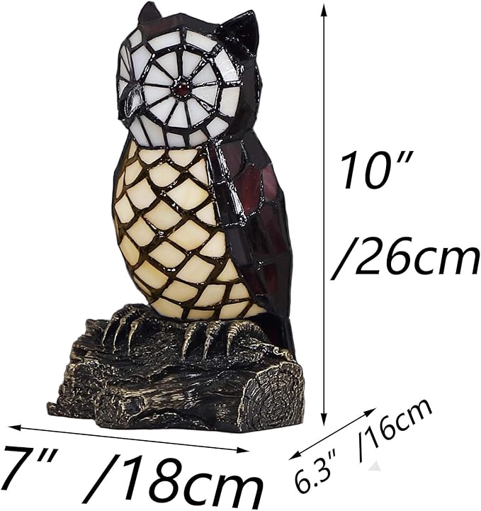 Bieye L10612 Owl on Branch Tiffany Style Stained Glass Accent Table Lamp Night Light, 10-inches Tall