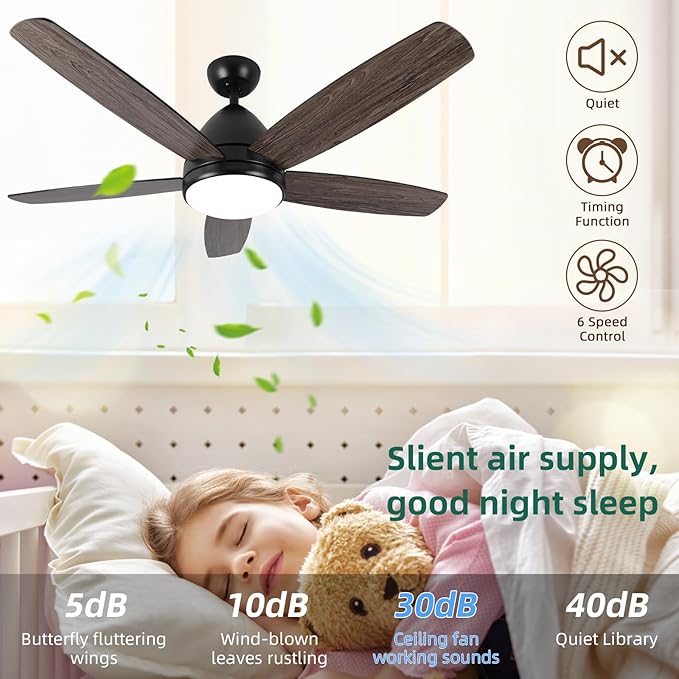 Smart Ceiling Fan with Light, 52 Inch Modern Black Outdoor Ceiling Fan and Remote/App, Dimmable Tri-Color LED and Reversible Motor for Indoor Bedroom/Outdoor Covered Patio - Aura Lighting