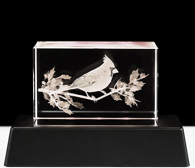 YWHL Crystal Cardinal Gifts for Women Man: 3D Laser Engraved Red Cardinal Figurine Decor, Night Light, Christmas Sympathy Gifts
