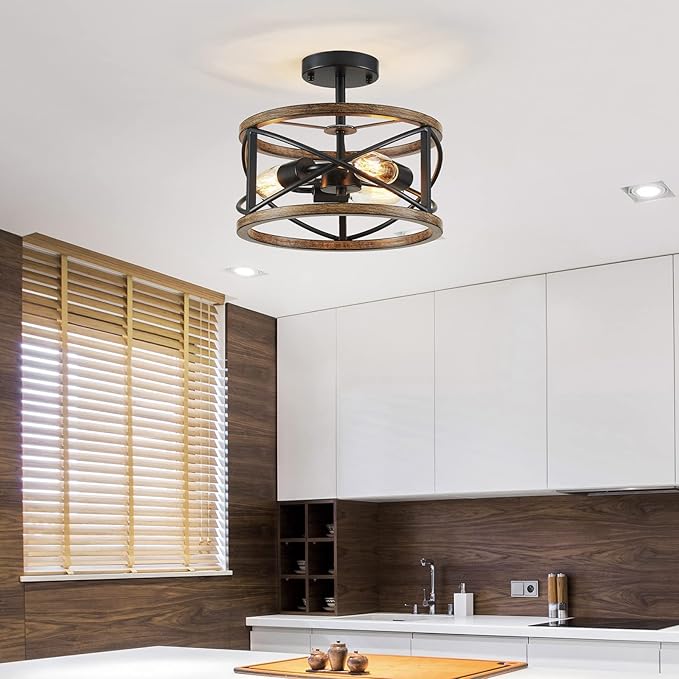 WUZUPS Chandelier 3-Light Imitation Wood Grain Vintage Farmhouse Industrial Semi-Flushmount Ceiling Light Lighting Fixture for Foyer Hallway Storage Room Kitchen Bathroom, H 9.4" W 12", Black