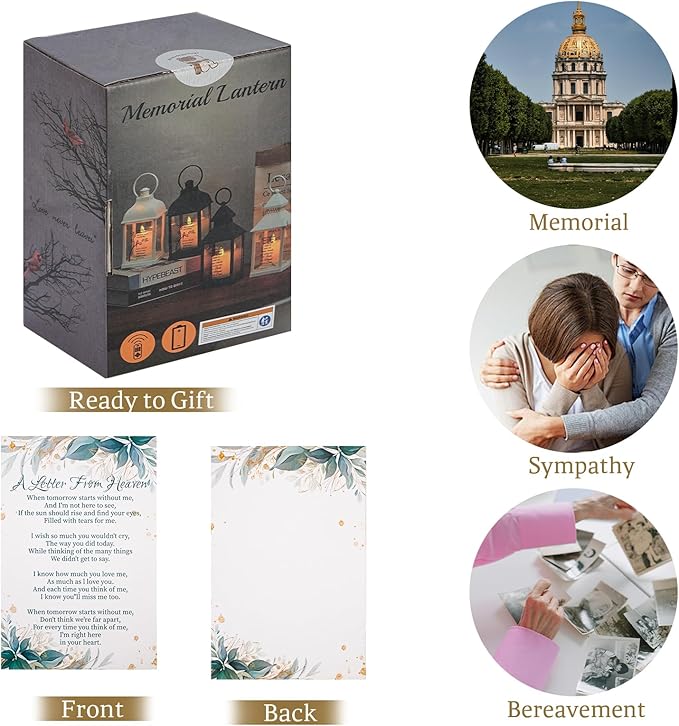 Sympathy Gifts for Loss of Loved One, Memorial Gift Lantern with Card, Bereavement Gift Candle Lights, Memory Lamp with Remote for Funeral Remembrance or Condolences (Black)