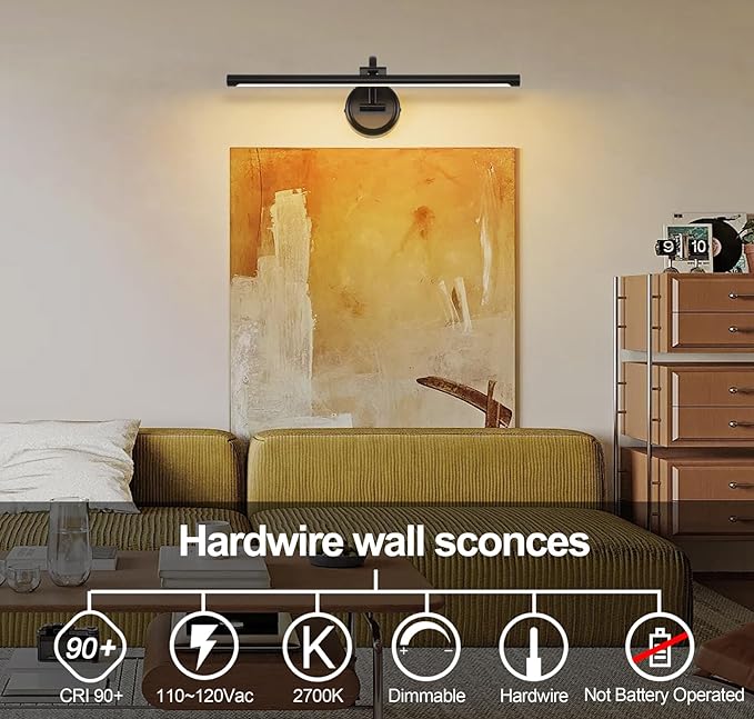 23.62 Inch Dimmable Lights For Pictures On Wall Hard Wired Gallery Light Modern Metal Artwork Wall Lamps, Warm White Picture Lights with Single Swing Arm Art Display Light For Paintings Portrait