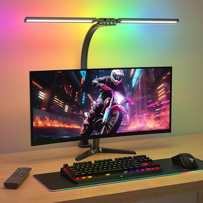 Upgraded LED Desk Lamp for Home Office with RGB, Rotatable Computer Desk Light with Remote, Tall Table Lamp with Clamp for Working, Dimmable Dual Head Task Lighting for Monitor PC, 22W