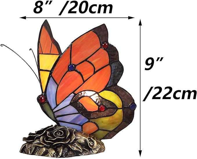 Bieye L10038 Butterfly Tiffany Style Stained Glass Accent Table Lamp Night Light, 9 inches Tall